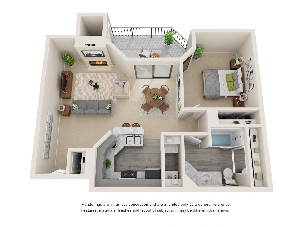 Floor plan for 1 bed, 1 bath, 745 sqft